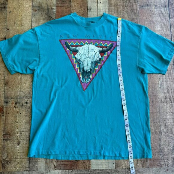Vintage Hanes Beefy TShirt New Mexico Bull Skull Graphic Teal XL Made in USA '94 - Picture 7 of 10